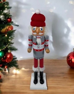 Christmas Nutcracker Grey/Red Traditional Festive Red Hat Nordic Nutcracker 15" - Picture 1 of 6