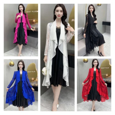 Damen Spitze Strickjacke Rüschen Midi Bolero Schulterjacke Hohl Out Jacke Umhang - Bild 1 von 4