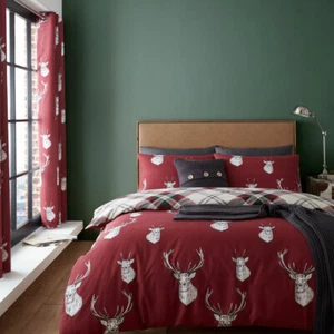 Catherine Lansfield Munro Stag Check Easy Care Duvet Cover Set, Red - Picture 1 of 23