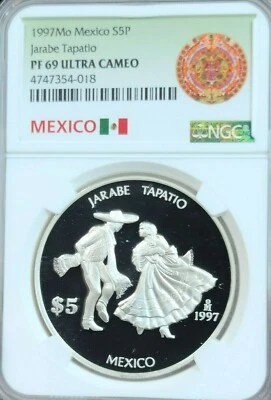 MEXICO PLATA 1997 5 PESOS JARABE TAPATIO NGC PF 69 ULTRA CAMAFEO MUY ESCASO Foto 1 de 3