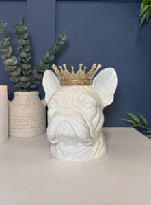 White British Bulldog with Crown White Ornament Art Sculpture Candle Holder - Picture 1 of 8