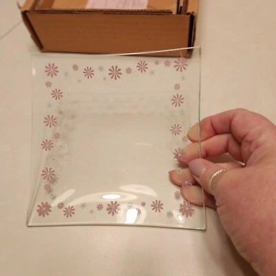 NEW in Box-Pampered Chef Glass Square Pink Daisy Dessert Plates #2818 (Set of 4) - Image 1 of 3