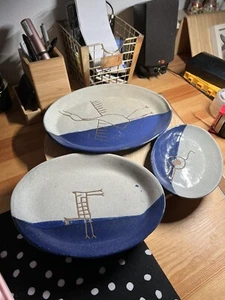 SET BESTEHEND AUS 3 CERAMICA SERRA DA CAPIVARA BRASILIEN KUNSTKERAMIK OVALE SCHALE BLAU/GRAU - Bild 1 von 12