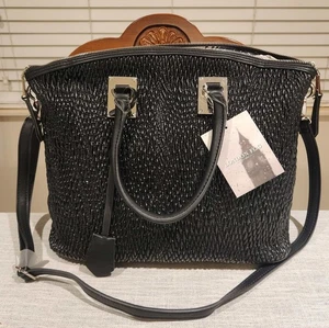 RARE! NEW! LONDON FOG Tote Bag Woven Black Large Strap Handles Pattern Textured - Picture 1 of 6