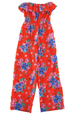 Macacão feminino vintage vermelho azul rosa floral sem alças bolso perna larga P-M - Imagem 1 de 4