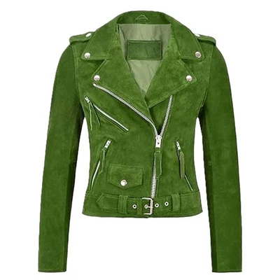 Handmade Leather Suede Soft Genuine Jacket Green Lambskin Casual Women's Stylish - Image 1 of 4