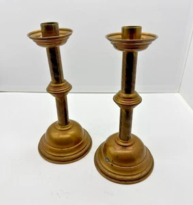 Pair 8 1/2' Tall Brass Candleholders 4" base Etched detail Farmhouse Rustic - Picture 1 of 8