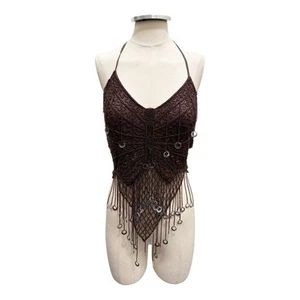 Vintage Womens Y2k Fringe Beaded Open Back Halter Top Brown Size S/M - Picture 1 of 8