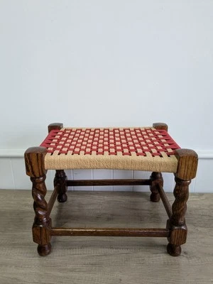 Vintage Retro Woven Rattan Curve Seat / Foot  Stool - Wooden Legs - Home Decor - Image 1 of 4