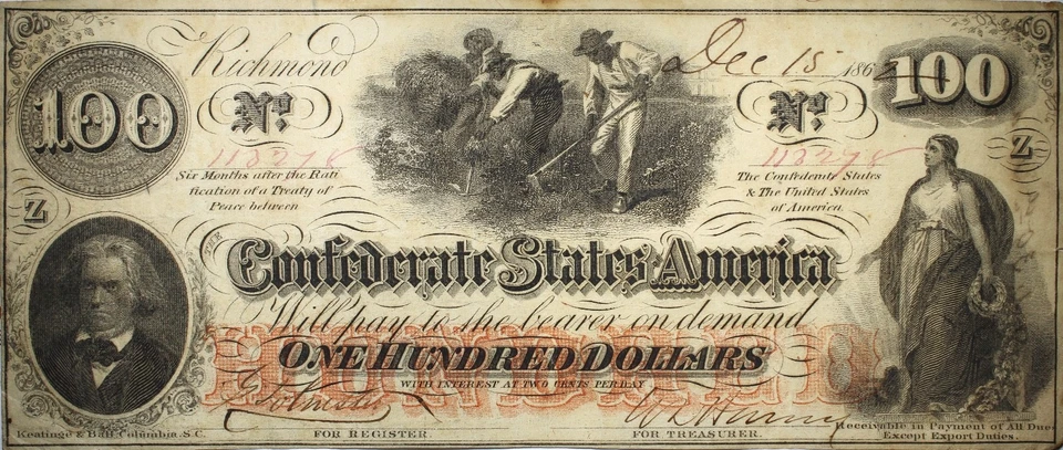 1862 $100 Confederate State Of America Currency Richmond VA XF+ P178 - Image 1 of 2
