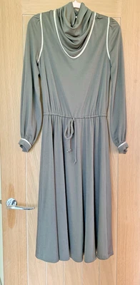 Retro Berkertex Olive Green Old Size 10 L 44" Cowl Collar Long Sleeve Dress - Image 1 of 4