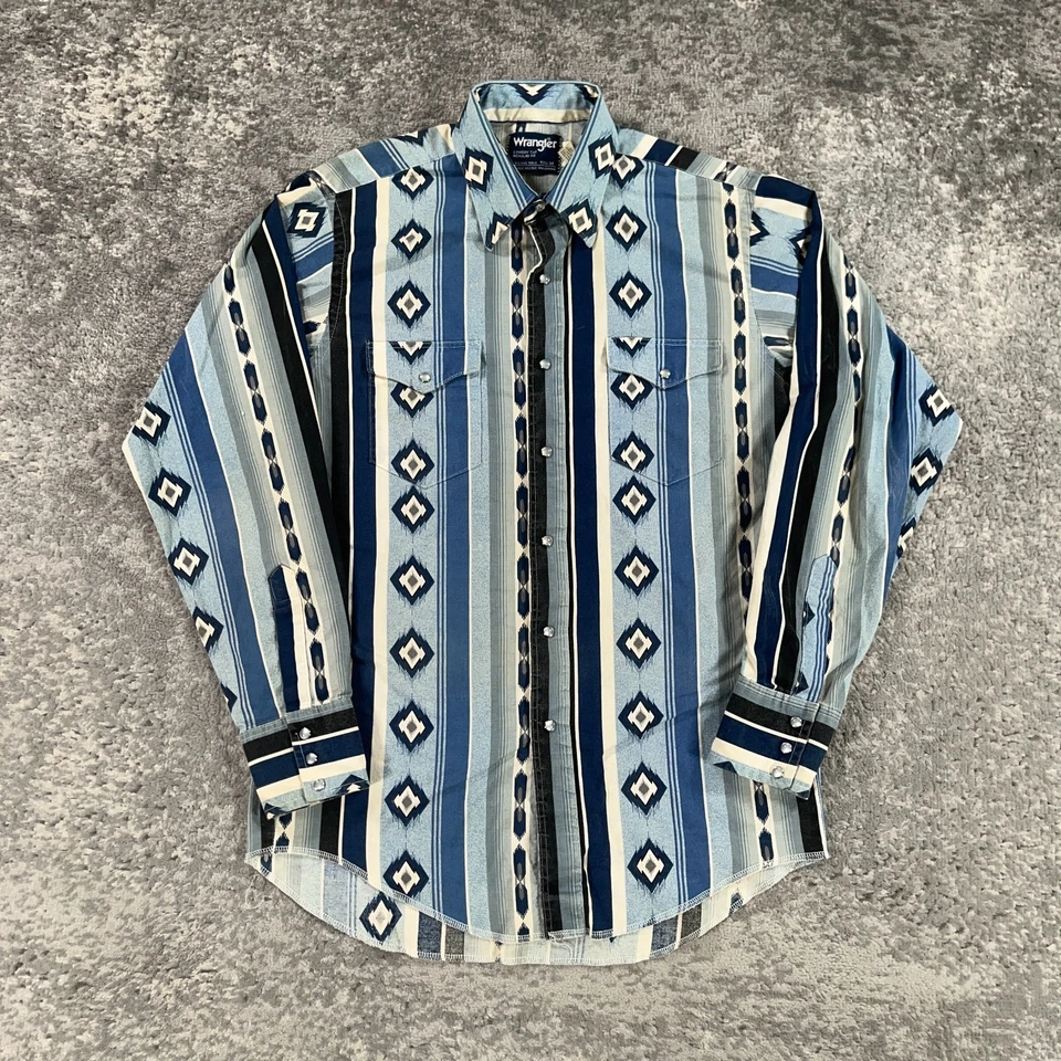 VTG Wrangler Western Shirt Mens 15.5 X 34 Blue Aztec Pearl Snap 90s Made In USA - Image 1 of 4