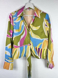 Christian Siriano Linen Blend Tie Front Long Sleeve Cropped Blouse SZ M Colorful - Picture 1 of 14