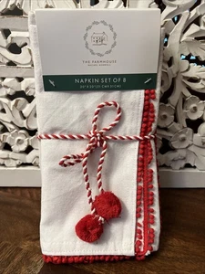 Rachel Ashwell Farmhouse Napkins Cotton 8 Pack Red White PomPoms 20x20 Christmas - Picture 1 of 7