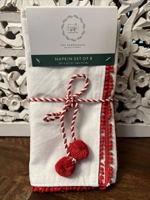 Rachel Ashwell Farmhouse Napkins Cotton 8 Pack Red White PomPoms 20x20 Christmas - Image 1 of 4
