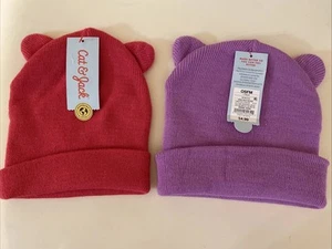 Cat & Jack Girls Cuffed Beanie Hat with Ears - 1 Pink & 1 Purple - Lot of 2 - Picture 1 of 6