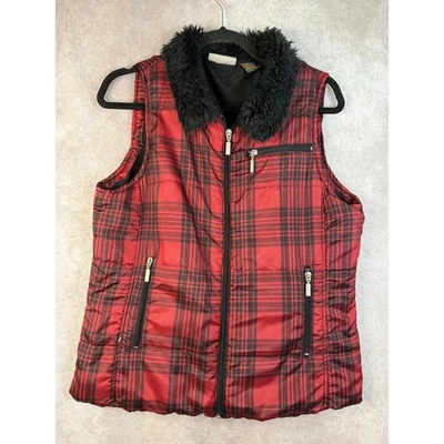 Jane Ashley Red Buffalo Plaid Puffer Vest Faux Fur Collar Zip Pockets Women L - Image 1 of 4
