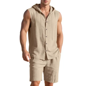 Men's Loose Casual Linen Hooded Sleeveless Shirt Shorts Set - Picture 1 of 32
