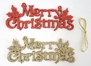 FROHE WEIHNACHTEN ROT GOLD HÄNGENDES GLITZERSCHILD PLAKETTE DEKOR WEIHNACHTSBAUM 2-30 TEILE UK - Bild 1 von 30