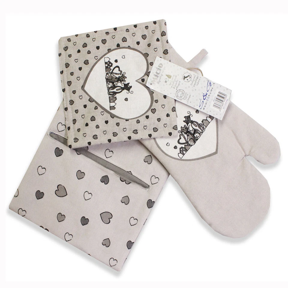 Set tre pezzi cucina “Micio” grembiule guanto presina cotone stile shabby-chic - Immagine 1 di 1