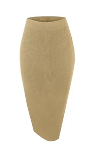 Women's Elastic Waist Knitted Split Tube Pencil Midi Skirt S Camel - Picture 1 of 3