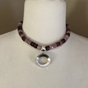 Chicos Pink Wine Multi Beaded Choker Statement Necklace Silver Round Pendant 16” - Picture 1 of 7