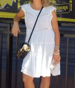 White Free People Dress Blue Flowers Ruffle Cap Sleeve Mini Dress Small Cute - Picture 1 of 9