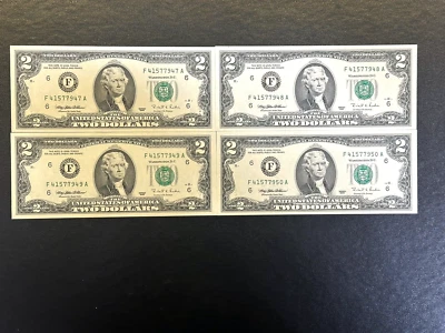 Lote de 4 billetes de dos dólares 1995 números de serie consecutivos sin circular Foto 1 de 4