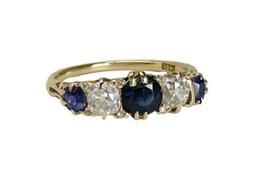 Viktorianischer 18 kt Gold Minenschliff Diamant Saphir 1 Ring - Bild 1 von 9