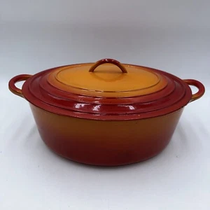 Descoware Flame Orange Cast Iron 4 Qt Oval Enamelware Pot Lid Dutch Oven Belgium - Picture 1 of 8