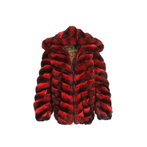 Men Real Rex Rabbit Fur Red Chinchilla Hood Jacket Genuine Fur Coats With Zip - Picture 1 of 12