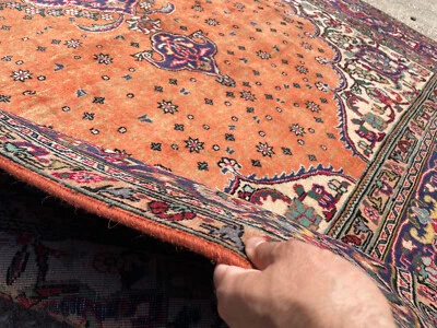 7x10 ANTIQUE RUG HAND-KNOTTED VINTAGE ORIENTAL handmade persimmon coral 6x9 7x9 - Image 1 of 4