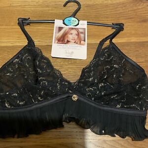 M&S Rosie Black Pleat & Lace Gold Thread Embroidered Bralette Size 14 A-C