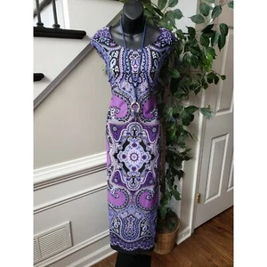 KSL by Karin Stevens Long Maxi Dress Women's Size 1X Purple Paisley Round Neck - Picture 1 of 12