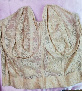 VTG Long Line Bullet Bra Corset Bustier Cincher Shaper 42F Pin Up Lingerie BEIGE - Picture 1 of 11