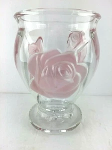 Crystal Rose Bowl Pedestal Mikasa? Clear w Pink Roses Very Heavy 6 inch Tall - Picture 1 of 5