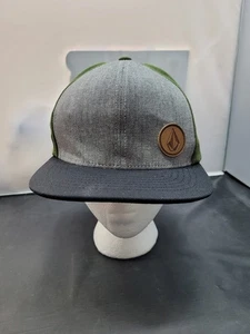 Genuine Volcom Snapback Hat Gray Green Trucker Cap Green Leather Patch - Picture 1 of 3