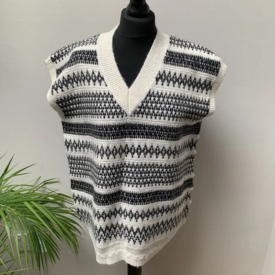 M&S Knit Sweater Vest Tank Top Medium OVERSIZED Loose Fit V Neck Black Cream - Image 1 of 4