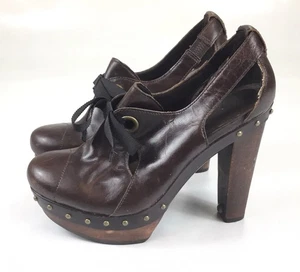UGG Australia Celestina Platform Heel Size 7.5 Brown Leather Slip On Studded Bow - Picture 1 of 8