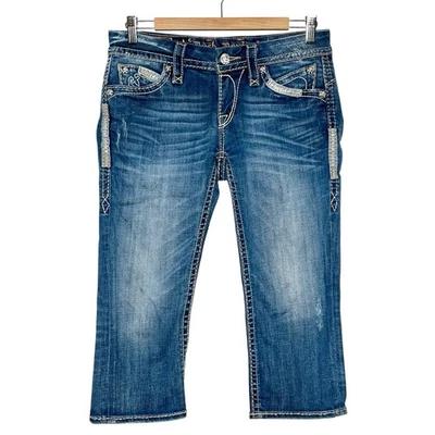 Pantalones de mezclilla Rock Revival Sasha Capri para mujer 28 tiro bajo Y2K bordados flor de lis Foto 1 de 4