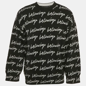 Balenciaga Black Logo Jacquard Knit Crew Neck Jumper S - Picture 1 of 5