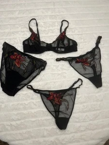 NWT! FREE SHIP! 4 pc Chantelle Set. Bra 36B/Bikini L. Thong L & XL Black/Red - Picture 1 of 23