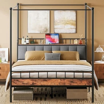 Cama dossel quadro completo, cabeceira de armazenamento com estação de carregamento, platfo - Imagem 1 de 4