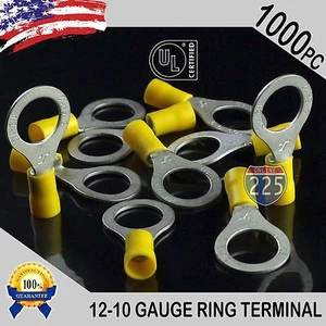 1000 PACK Yellow 12-10 Gauge 1/2" IN Stud Insulated Vinyl Copper Ring Terminals - Picture 1 of 1