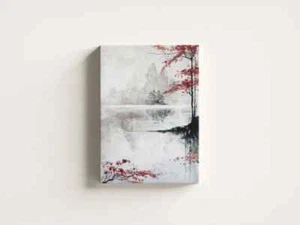 Red White Black Japanese Paint Lake Unframed Canvas Print Australian Wall Art - Picture 1 of 4