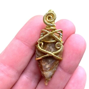 Fancy Jasper Arrowhead Gemstone Wire Wrap Pendant Unique Gold Gift For Friend - Picture 1 of 12