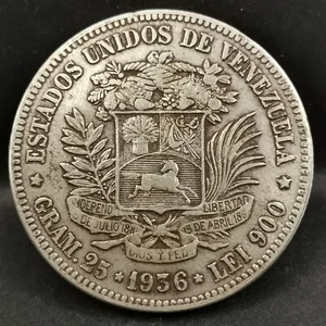 5 SILVER BOLIVARS 1936 SIMON BOLIVAR VENEZUELA / SILVER / BOLIVARES - Picture 1 of 3