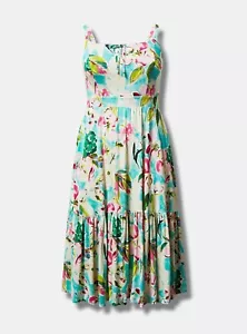TORRID (2X 28-20) Midi weiches Stufenkleid mit Bindeband vorne grün bunt geblümt - Bild 1 von 5