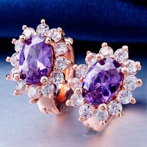 Nice New Rose Gold Plated Oval Shape Amethyst Purple CZ /Accents Hoop Earrings 