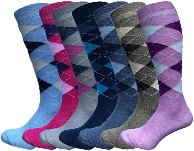 6 Pairs Ladies Argyle Diamond Check Knee High Long Socks Horse Riding Golf Sport
